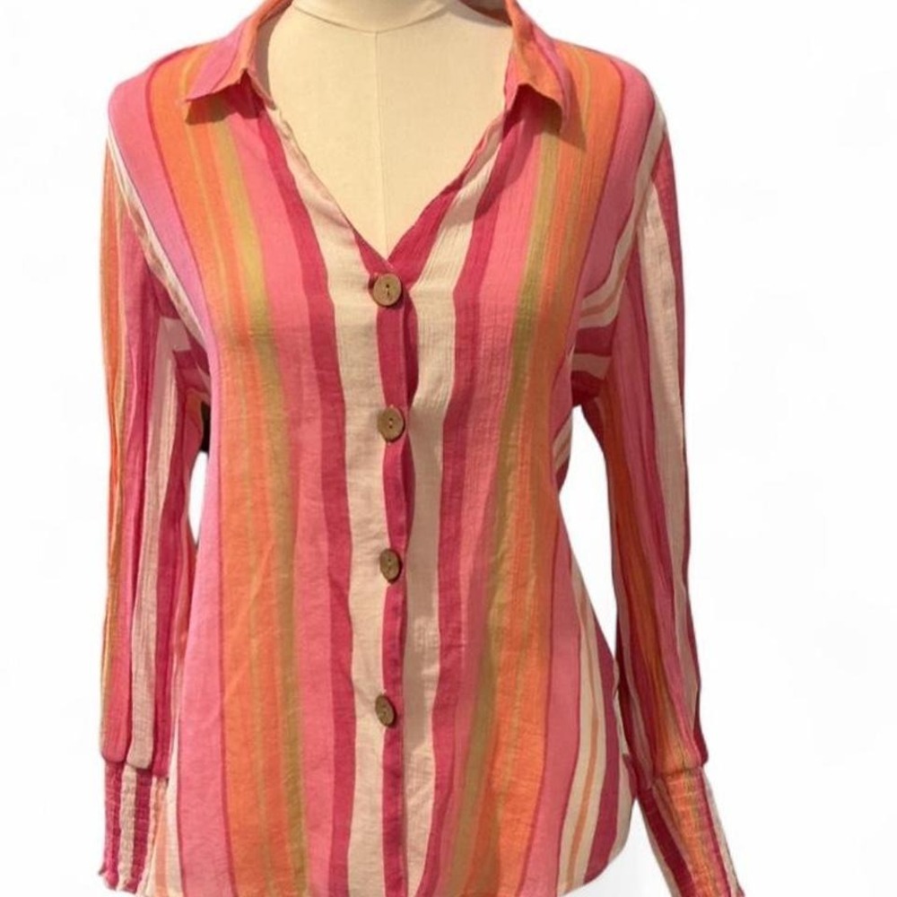 Unique Spectrum Button Up Blouse Womens XL Pink Striped Excellent Boho Smocked